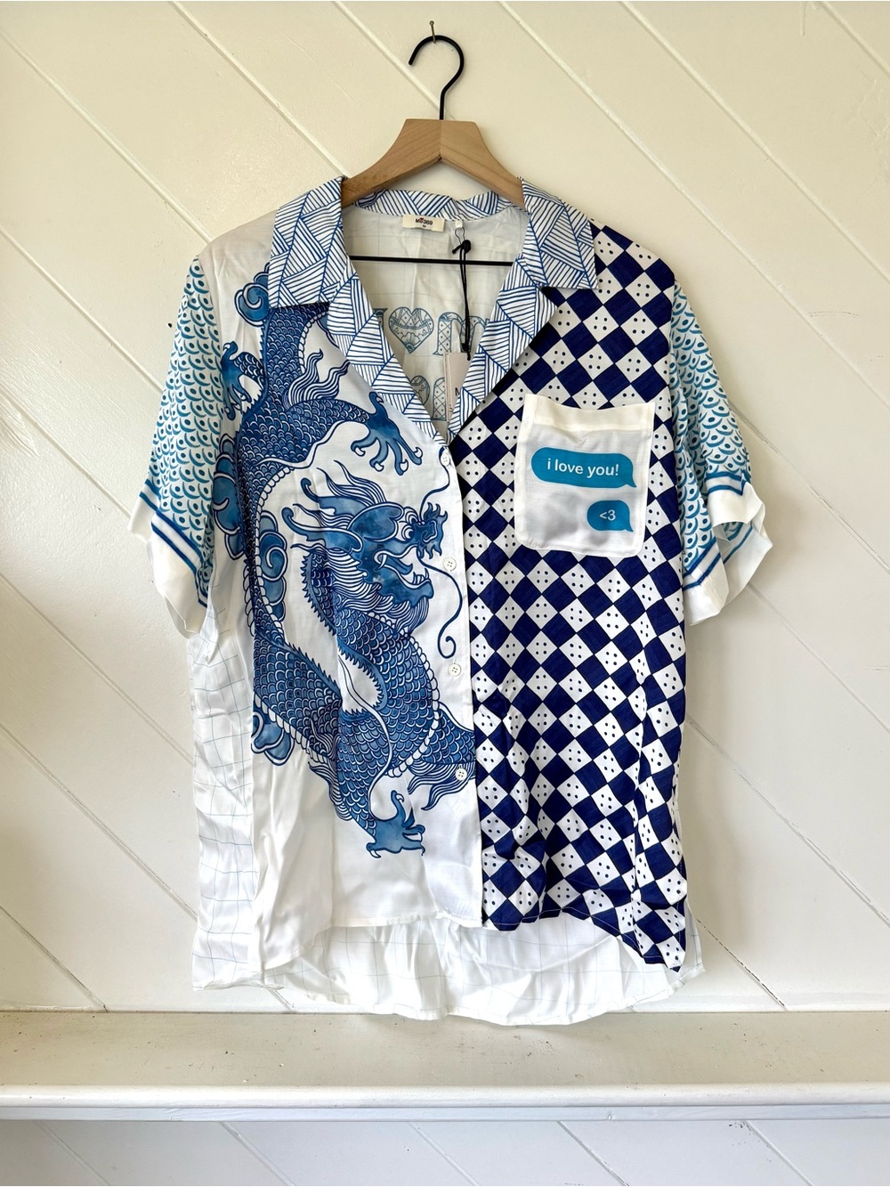 Me369 Blue & White Dragon Print Short-Sleeve Shirt